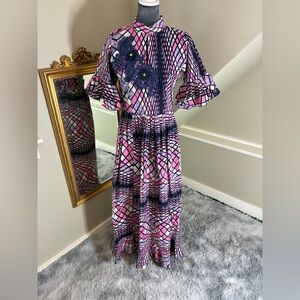 Embellished Ankara African Print Cotton  High Neck Modest Keyhole Maxi Dress
